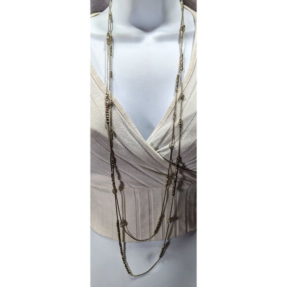 Elegant Glam Silver Tone Bead And Rhinestone Layered Station Necklace - Picture 2 of 6